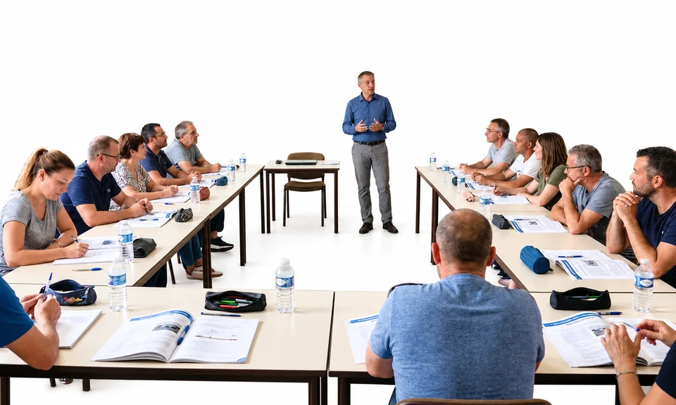 Formateur animant une session en salle devant des stagiaires