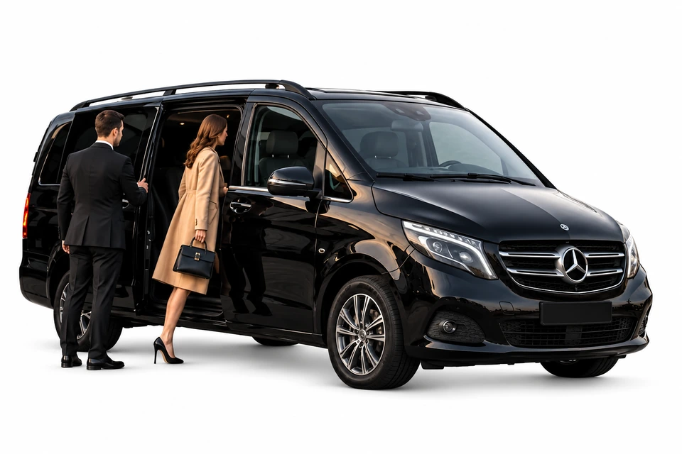 Van Mercedes avec chauffeur et passagère sur fond blanc